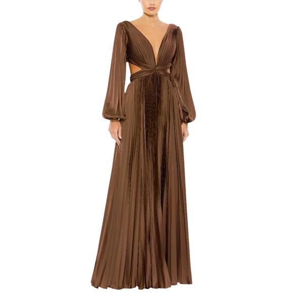 Mac Duggal Dresses & Skirts - Mac Duggal 26737 Brown Evening Gown Satin Backless Long Sleeve Dress Size 12